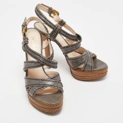Prada Grey Leather  Platform Ankle Strap Sandals Size 38.5