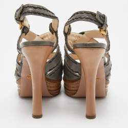 Prada Grey Leather  Platform Ankle Strap Sandals Size 38.5