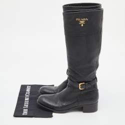 Prada Black Leather Zip Knee Length Boots Size 37
