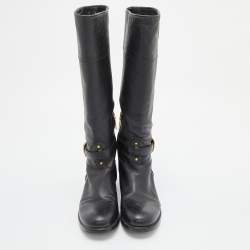 Prada Black Leather Zip Knee Length Boots Size 37