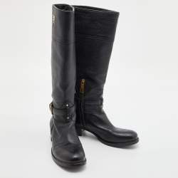 Prada Black Leather Zip Knee Length Boots Size 37
