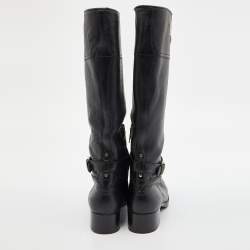 Prada Black Leather Zip Knee Length Boots Size 37