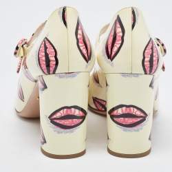 Prada Beige Lip Print Patent Leather Block Heel Pumps Size 38
