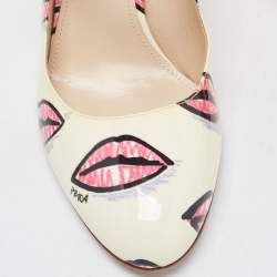 Prada Beige Lip Print Patent Leather Block Heel Pumps Size 38