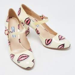 Prada Beige Lip Print Patent Leather Block Heel Pumps Size 38