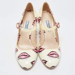 Prada Beige Lip Print Patent Leather Block Heel Pumps Size 38