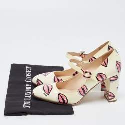 Prada Beige Lip Print Patent Leather Block Heel Pumps Size 38
