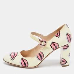 Prada Beige Lip Print Patent Leather Block Heel Pumps Size 38