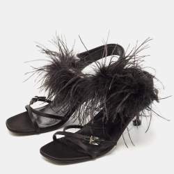 Prada Black Feather and Satin Slingback Sandals Size 38