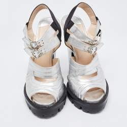 Prada Silver/Black Leather and Satin Double Ankle Strap Sandals Size 38
