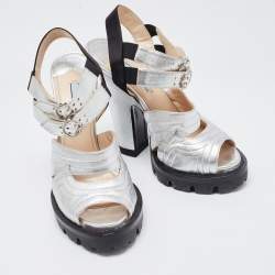 Prada Silver/Black Leather and Satin Double Ankle Strap Sandals Size 38