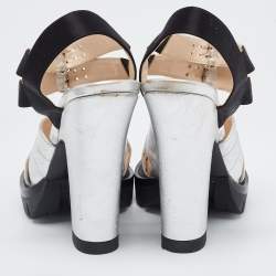 Prada Silver/Black Leather and Satin Double Ankle Strap Sandals Size 38