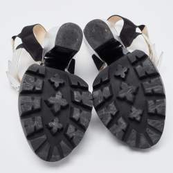 Prada Silver/Black Leather and Satin Double Ankle Strap Sandals Size 38
