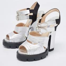 Prada Silver/Black Leather and Satin Double Ankle Strap Sandals Size 38