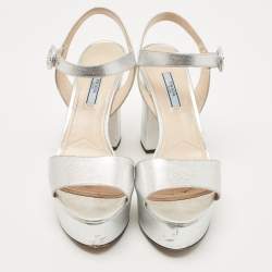 Prada Silver Leather Ankle Strap Sandals Size 39