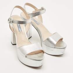 Prada Silver Leather Ankle Strap Sandals Size 39