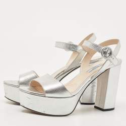 Prada Silver Leather Ankle Strap Sandals Size 39
