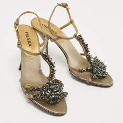 Prada Green Satin Crystal Embellished Embellished Sandals Size 39.5