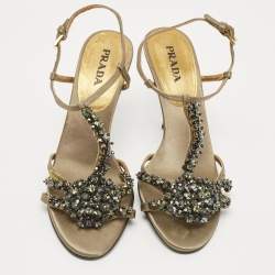 Prada Green Satin Crystal Embellished Embellished Sandals Size 39.5