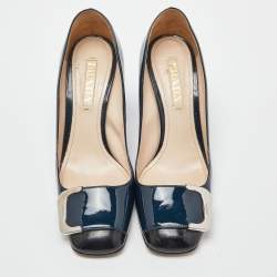 Pre Owned Prada Blue/Black Patent Leather Buckle Square Toe Pumps Size 38