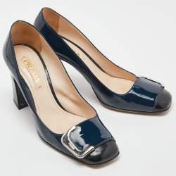 Pre Owned Prada Blue/Black Patent Leather Buckle Square Toe Pumps Size 38