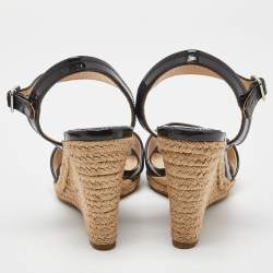 مملوكة مسبقًا Prada Black Patent Leather Espadrille Wedge Ankle Strap Sandals Size 37.5