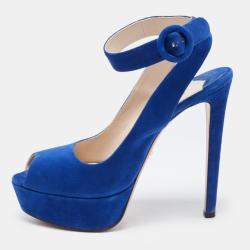 Prada Blue Suede Peep Toe Platform Ankle Strap Sandals Size 39