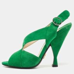 Prada Green Suede Criss Cross Open Toe Slingback Sandals Size 36.5