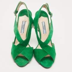 Prada Green Suede Criss Cross Open Toe Slingback Sandals Size 36.5