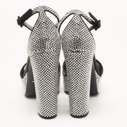Pre Owned Prada Black/Silver Satin and Crystals Platform Sandals Size 39.5