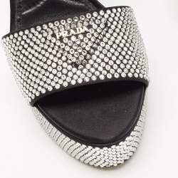 Pre Owned Prada Black/Silver Satin and Crystals Platform Sandals Size 39.5
