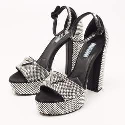 Pre Owned Prada Black/Silver Satin and Crystals Platform Sandals Size 39.5