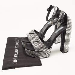 Pre Owned Prada Black/Silver Satin and Crystals Platform Sandals Size 39.5