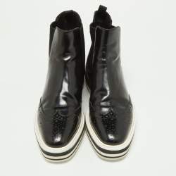 Pre Owned Prada Black Patent Leather Micro Sole Wing Tip Chelsea Boots Size 35