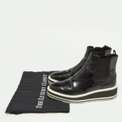 Pre Owned Prada Black Patent Leather Micro Sole Wing Tip Chelsea Boots Size 35