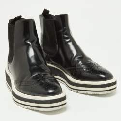 Pre Owned Prada Black Patent Leather Micro Sole Wing Tip Chelsea Boots Size 35