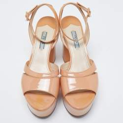 Prada Beige Patent Leather Platform Ankle Strap Sandals Size 39