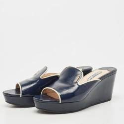 Prada Navy Blue Patent Leather Platform Wedge Sandals Size 38