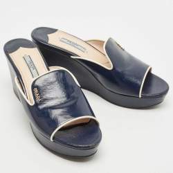 Prada Navy Blue Patent Leather Platform Wedge Sandals Size 38