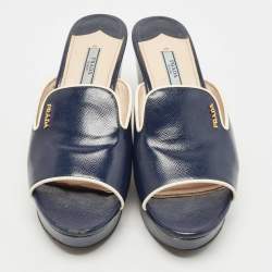 Prada Navy Blue Patent Leather Platform Wedge Sandals Size 38