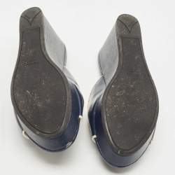 Prada Navy Blue Patent Leather Platform Wedge Sandals Size 38