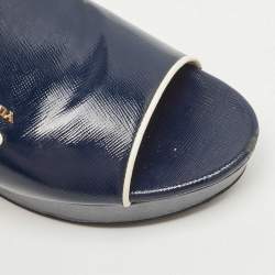 Prada Navy Blue Patent Leather Platform Wedge Sandals Size 38