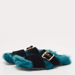 Prada Two Tone Velvet and Fur Flat Slides Size 39.5 
