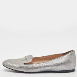Prada Silver Glitter Logo Smoking Slippers Size 36.5