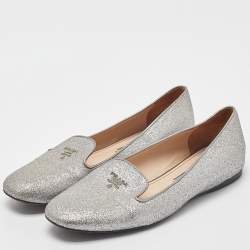 Prada Silver Glitter Logo Smoking Slippers Size 36.5