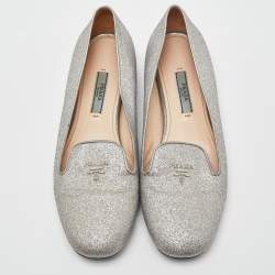 Prada Silver Glitter Logo Smoking Slippers Size 36.5