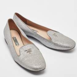 Prada Silver Glitter Logo Smoking Slippers Size 36.5