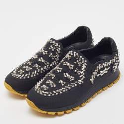 Prada Black Nylon Crystal Embellished Slip On Sneakers Size 37