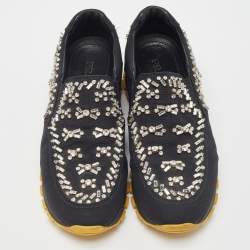 Prada Black Nylon Crystal Embellished Slip On Sneakers Size 37