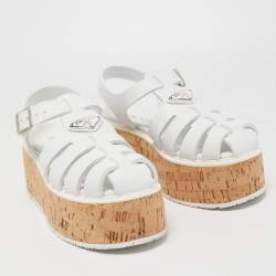 Prada White Rubber Monolith Cork Platform Ankle Strap Size 39